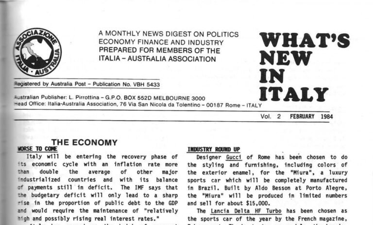Front page of What’s New in Italy, February 1984