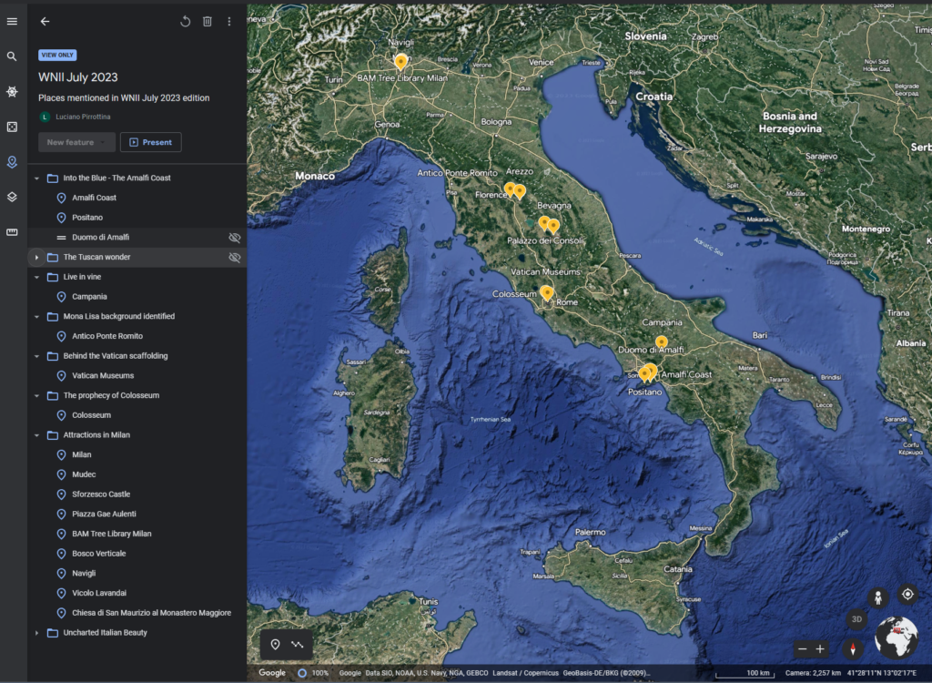 Screenshot of the What's New In Italy Google Earth tour interface
