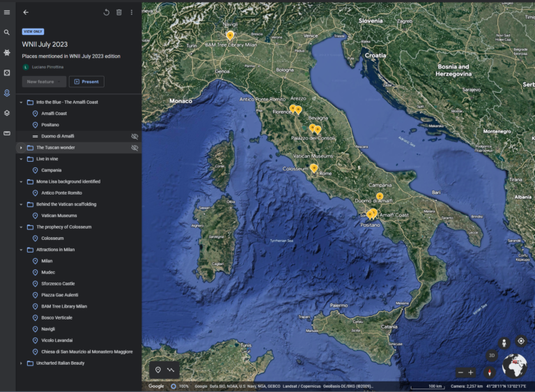 Screenshot of the What's New In Italy Google Earth tour interface
