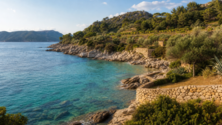 A quiet Elba cove with clear water, granite rocks, olive trees and vineyard terraces.