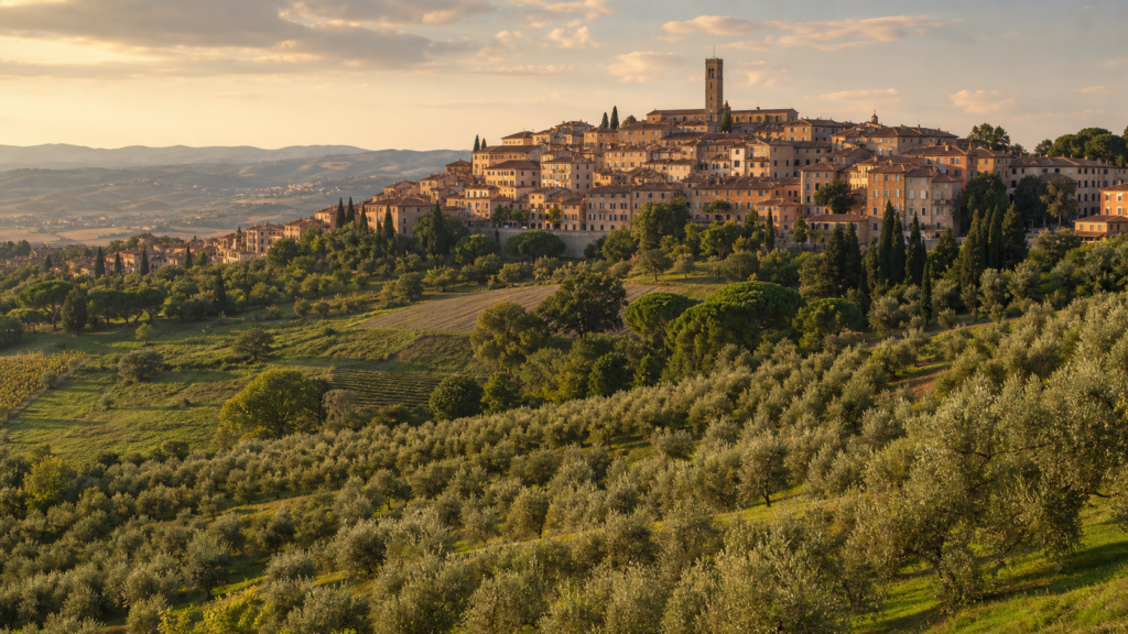 San Miniato hill town above olive groves and the Tuscan countryside.