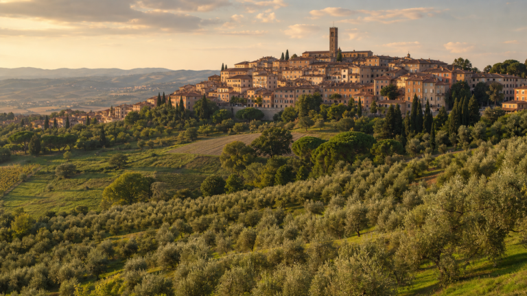 San Miniato hill town above olive groves and the Tuscan countryside.